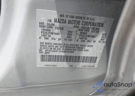 2001 Mazda Tribute Es V6/Lx V6 z USA, uszkodzony, nr VIN 4F2YU09131KM23308